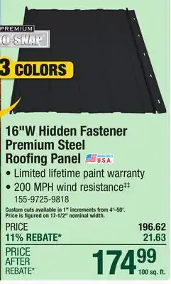 Menards 16W Hidden Fastener Premium Steel Roofing Panel offer