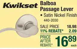 Menards Kwikset Balboa Passage Lever offer