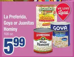 Jewel-Osco La Preferida, Goya or Juanitas Hominy offer