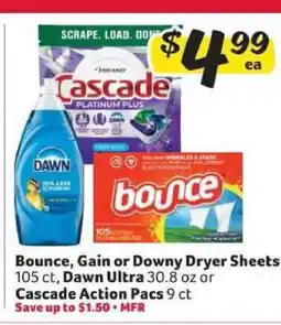 Winn Dixie Bounce, Gain or Downy Dryer Sheets, Dawn Ultra, Cascade Action Pacs offer
