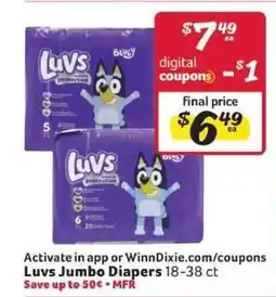 Winn Dixie Luvs Jumbo Diapers offer
