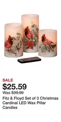 Kohl's Fitz & Floyd Set of 3 Christmas Cardinal LED Wax Pillar Candles offer