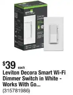 The Home Depot Leviton Decora Smart Wi-Fi Dimmer Switch in White - Works With Go... offer