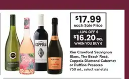 ACME Kim Crawford Sauvignon Blanc, The Beach Rosé, Coppola Diamond Cabernet or Ruffino Prosecco offer