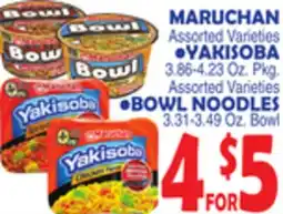 Bravo Supermarkets MARUCHAN YAKISOBA 3.86-4.23 Oz. Pkg, BOWL NOODLES 3.31-3.49 Oz. Bowl offer