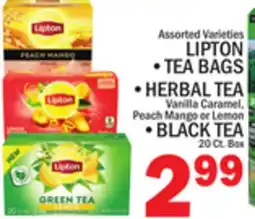 C Town LIPTON • TEA BAGS • HERBAL TEA Vanilla Caramel, Peach Mango or Lemon •BLACK TEA 20 Ct. Box offer