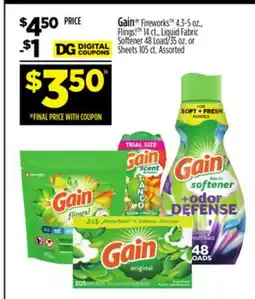 Dollar General Gain 4.3-5 oz., Flings! TM 14 ct., Liquid Fabric Softener 48 Load/35 oz. or Sheets 105 ct offer