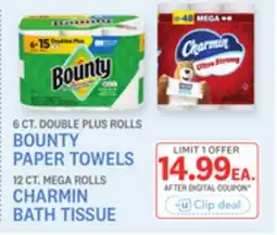 Kings Food Markets BOUNTY PAPER TOWELS, 6 CT. DOUBLE PLUS ROLLS, CHARMIN BATH TISSUE, 12 CT. MEGA ROLLS offer