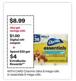 CVS Charmin Ultra 6 mega rolls or essentials 9 mega rolls offer