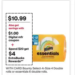 CVS Bounty Select-A-Size 4 Double rolls or essentials 6 double rolls offer