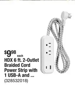 The Home Depot HDX 6 ft. 2-Outlet Braided Cord Power Strip with 1 USB-A and 1 USB-C, White offer