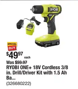 The Home Depot RYOBI ONE+ 18V Cordless 3/8 in. Drill/Driver Kit with 1.5 Ah Battery and Charger offer