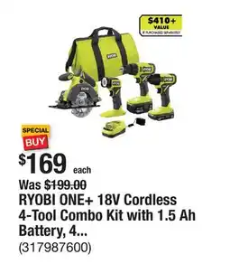 The Home Depot RYOBI ONE+ 18V Cordless 4-Tool Combo Kit with 1.5 Ah Battery, 4.0 Ah Battery, and Charger offer