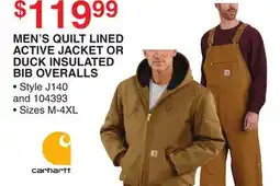 Dunham's Sports CARHARTT MEN'S QUILT LINED ACTIVE JACKET OR DUCK INSULATED BIB OVERALLS offer