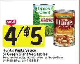 Stop&Shop Hunt's Pasta Sauce or Green Giant Vegetables offer