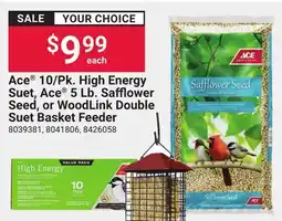 Ace Hardware Ace 10/Pk. High Energy Suet, Ace 5 Lb. Safflower Seed, or WoodLink Double Suet Basket Feeder offer