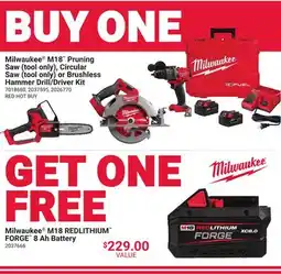 Ace Hardware Milwaukee M18 Pruning Saw (tool only), Circular Saw (tool only) or Brushless Hammer Drill/Driver Kit offer