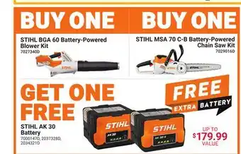 Ace Hardware STIHL BGA 60 Battery-Powered Blower Kit, STIHL MSA 70 C-B Battery-Powered Chain Saw Kit offer