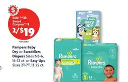 Family Dollar Pampers Baby Dry or Swaddlers Diapers Sizes NB-6, 16-32 ct. or Easy Ups Sizes 2T-7T, 13-25 ct offer