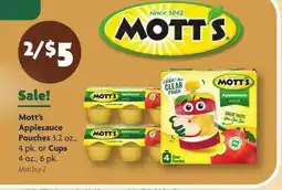 Family Dollar Mott's Applesauce Pouches 3.2 oz., 4 pk. or Cups 4 oz., 6 pk offer