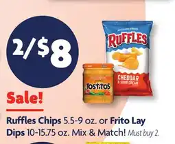 Family Dollar Ruffles Chips 5.5-9 oz. or Frito Lay Dips 10-15.75 oz offer