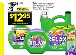 Dollar General Gain Liquid Laundry Detergent 100 Load/144 oz., Flings! ct., Flings 32 ct or Fireworks offer