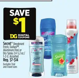Dollar General Secret Deodorant Fresh, Outlast TM, Aluminum Free or Dry Spray offer