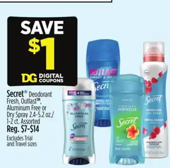 Dollar General Secret Deodorant Fresh, Outlast TM, Aluminum Free or Dry Spray offer