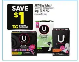 Dollar General ANY U by Kotex Tampons, Pads or Liners offer
