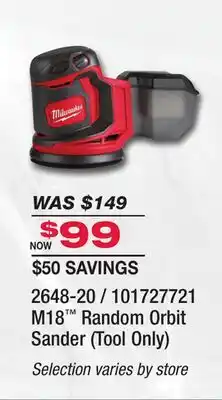 Fleet Farm MILWAUKEE M18 Random Orbit Sander (Tool Only) offer