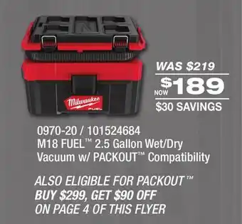 Fleet Farm Milwaukee M18 FUEL 2.5 Gallon Wet/Dry Vacuum w/ PACKOUT Compatibility offer