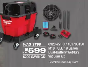 Fleet Farm Milwaukee M18 FUEL 9 Gallon Dual-Battery Wet/Dry Vacuum Kit offer