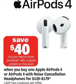 Meijer Apple AirPods 4 or AirPods 4 with Noise Cancellation Headphones offer