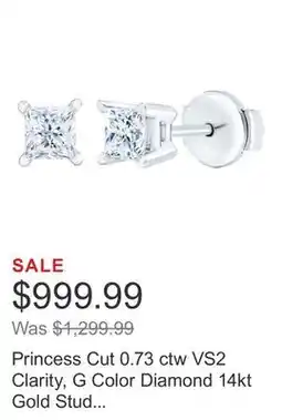 Costco Princess Cut 0.73 ctw VS2 Clarity, G Color Diamond 14kt Gold Stud Earrings offer