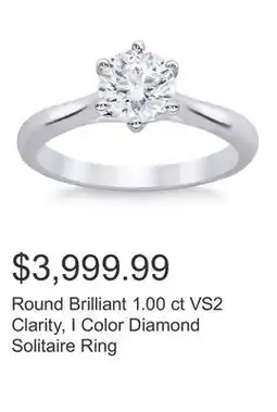 Costco Round Brilliant 1.00 ct VS2 Clarity, I Color Diamond Solitaire Ring offer