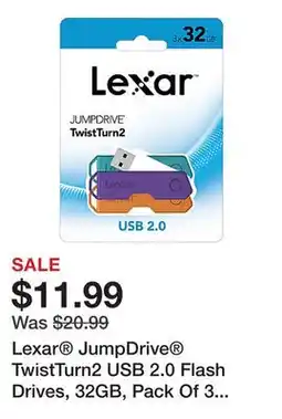 Office Depot Lexar JumpDrive TwistTurn2 USB 2.0 Flash Drives, 32GB, Pack Of 3 Flash Drives, LJDTT2-32GABNA3 offer