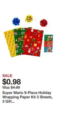 Game Stop Super Mario 9-Piece Holiday Wrapping Paper Kit 3 Sheets, 3 Gift Tags, 3 Bows offer