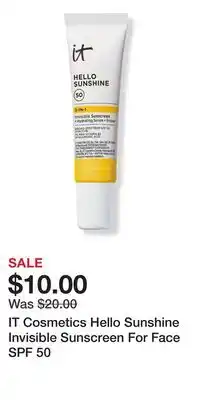 Ulta Beauty IT Cosmetics Hello Sunshine Invisible Sunscreen For Face SPF 50 offer