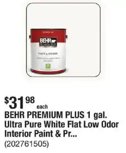The Home Depot Behr premium plus Ultra Pure White Flat Low Odor Interior Paint offer