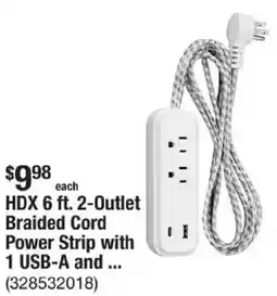 The Home Depot HDX 6 ft. 2-Outlet Braided Cord Power Strip with 1 USB-A offer