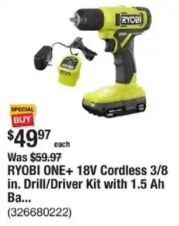 The Home Depot RYOBI ONE+ 18V Cordless 3/8 in. Drill/Driver Kit with 1.5 Ah Battery offer