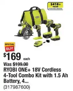 The Home Depot RYOBI ONE+ 18V Cordless 4-Tool Combo Kit with 1.5 Ah Battery offer