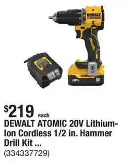 The Home Depot DEWALT ATOMIC 20V Lithium- Ion Cordless 1/2 in. Hammer Drill Kit offer