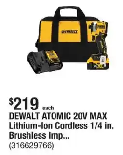 The Home Depot Dewalt atomic 20v max lithium-ion cordless 1/4 in. brushless offer