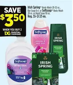Dollar General Irish Spring Body Wash, Bar Soap 8 or Softsoap Body Wash or Hand Soap offer