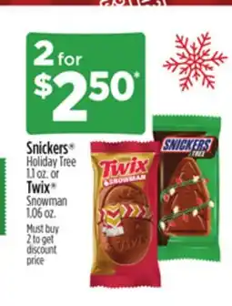 Dollar General Snickers Holiday Tree 1.1 oz. or Twix Snowman 1.06 oz offer