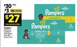 Dollar General Pampers Baby Dry or Swaddlers Super Diapers offer