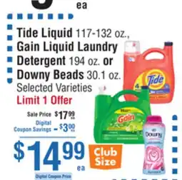 Smart & Final Tide Liquid, Gain Liquid Laundry Detergent or Downy Beads offer