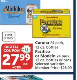 Albertsons Corona 24 pack, 12 oz. bottles Pacifico or Modelo 24 pack, 12 oz. bottles or cans offer