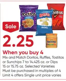 Stater Bros Doritos, Ruffles, Tostitos or Sunchips 7 to 14.425 oz. or Dips 15 or 15.75 oz offer